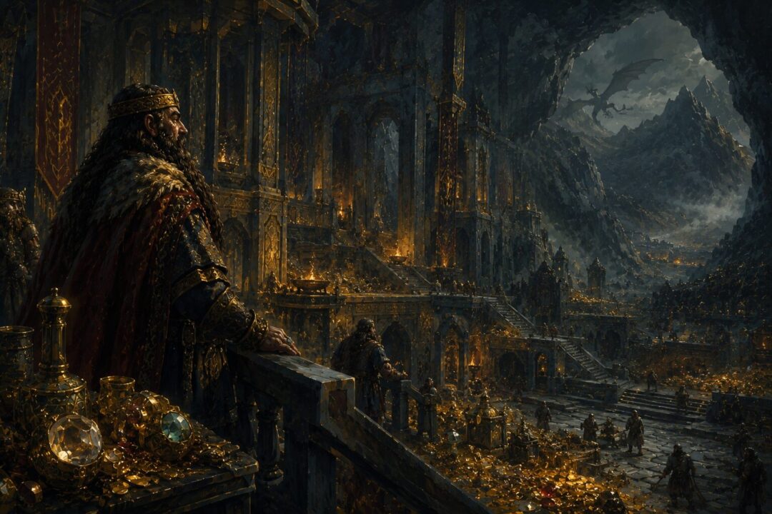Thrór overlooking the prosperous halls of Erebor before the coming of Smaug