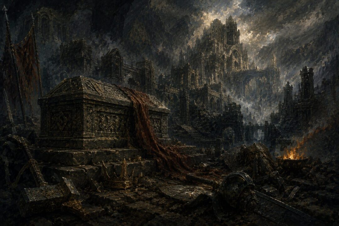 Symbolic stone tomb surrounded by the fading remnants of a ruined dwarven civilization