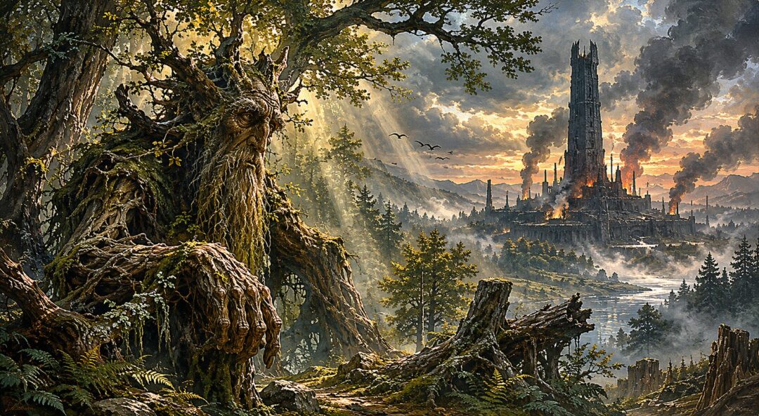 Treebeard stands in Fangorn Forest as smoke rises from the direction of Isengard.