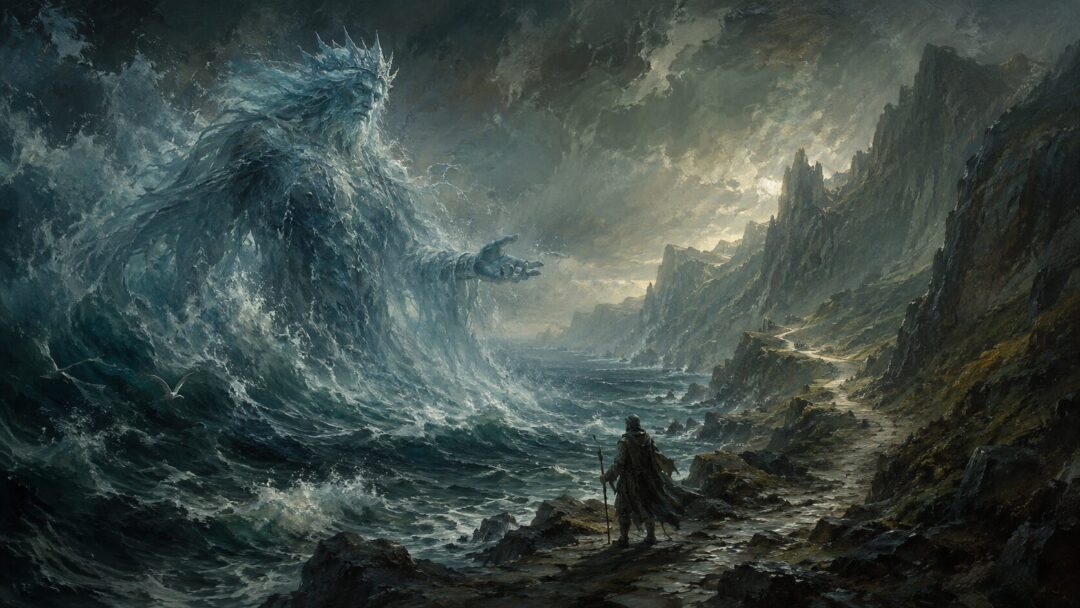 Ulmo’s presence rises from stormy waters to guide a lone traveler toward a hidden road.
