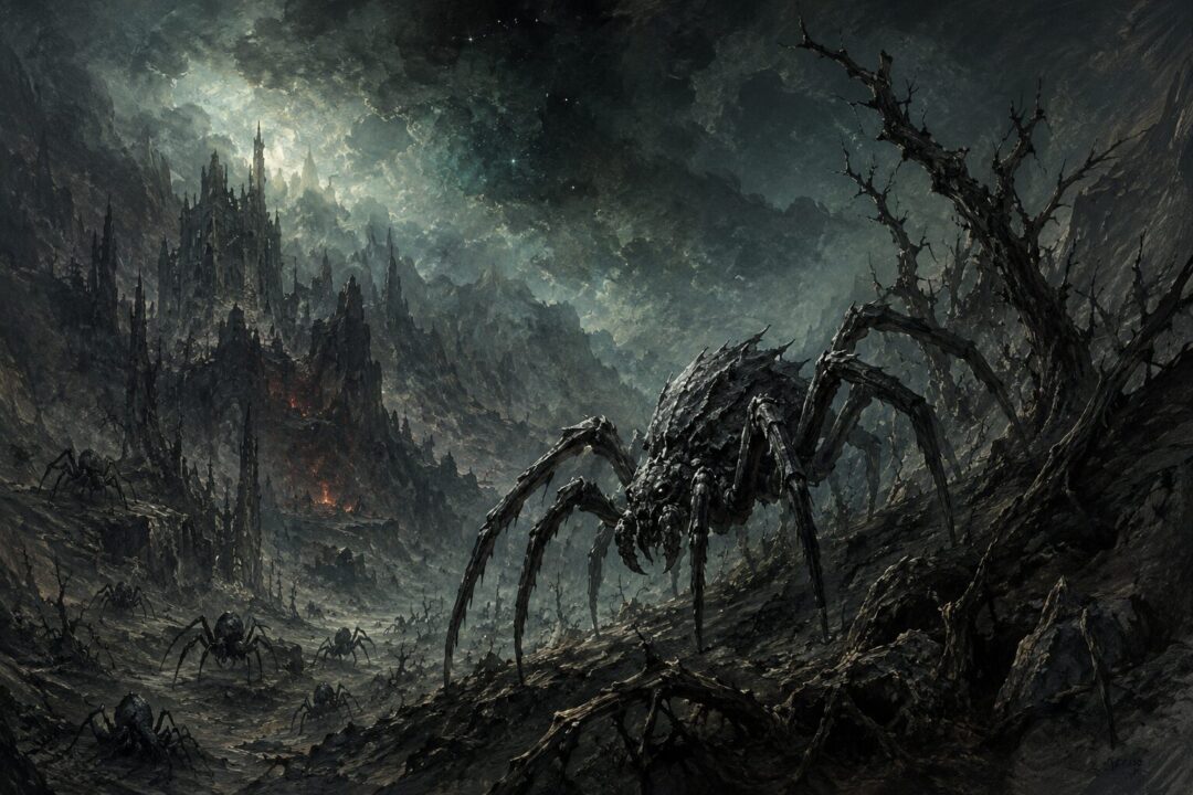 Monstrous spider descendants of Ungoliant moving through a dark ancient valley in the Elder Days.