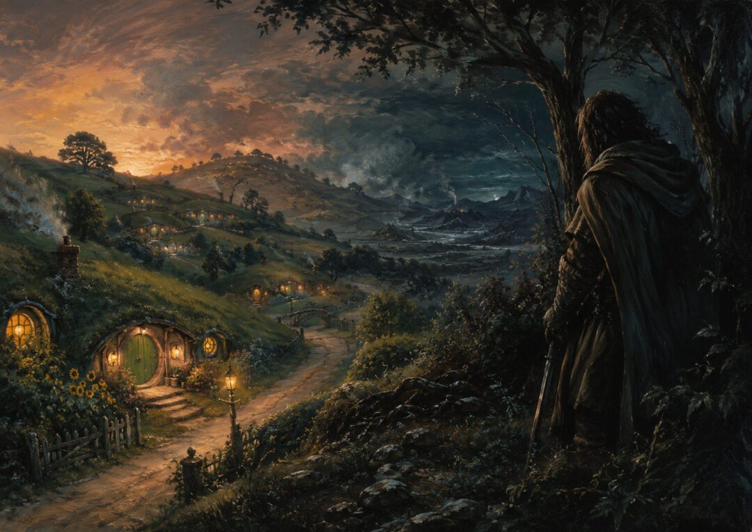 A lone Ranger of the North watches the quiet borders of the Shire at twilight while hobbit-holes glow warmly in the distance.