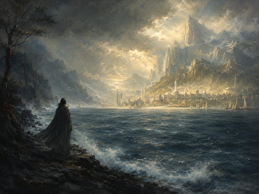 The distant shining shores of Valinor seen across the western sea as a hallowed physical realm.