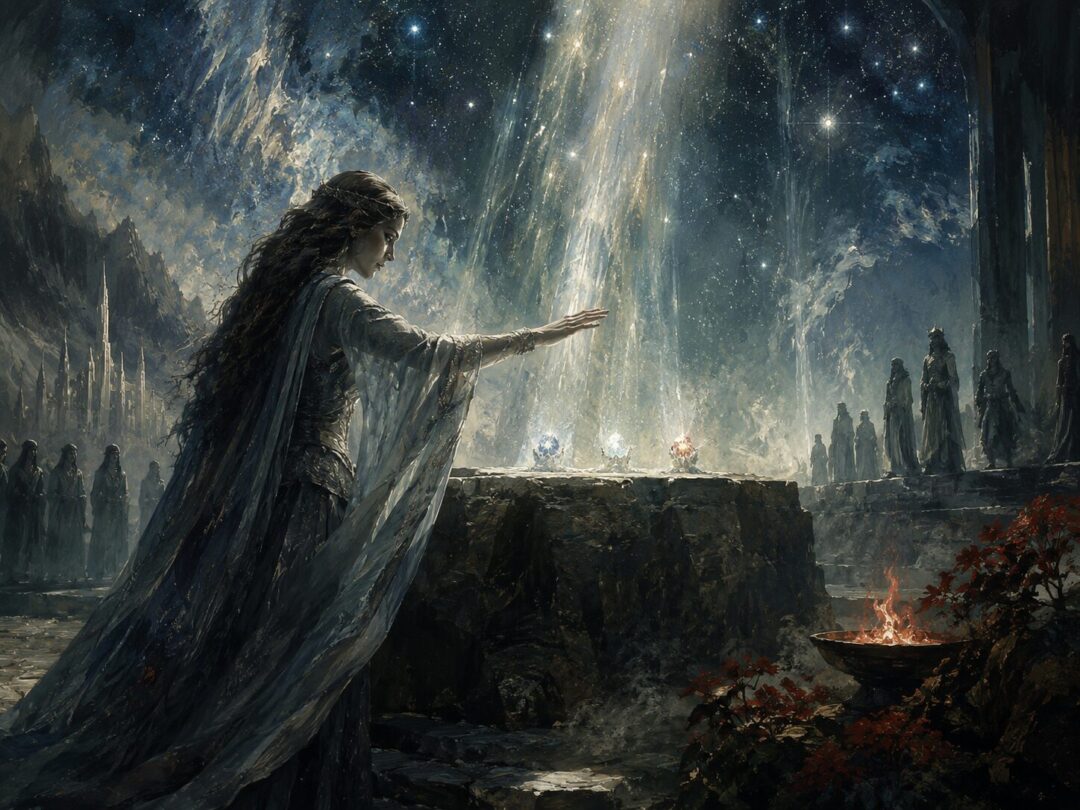 Varda hallows the three Silmarils beneath a vast star-filled sky in Aman.