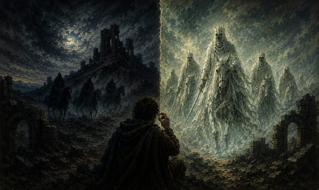 A split vision of Weathertop showing ordinary sight and the Ring-altered perception of the Nazgûl