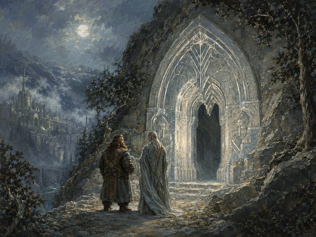 A Dwarven craftsman and an Elven smith work together near the West-gate of Khazad-dûm in the Second Age.