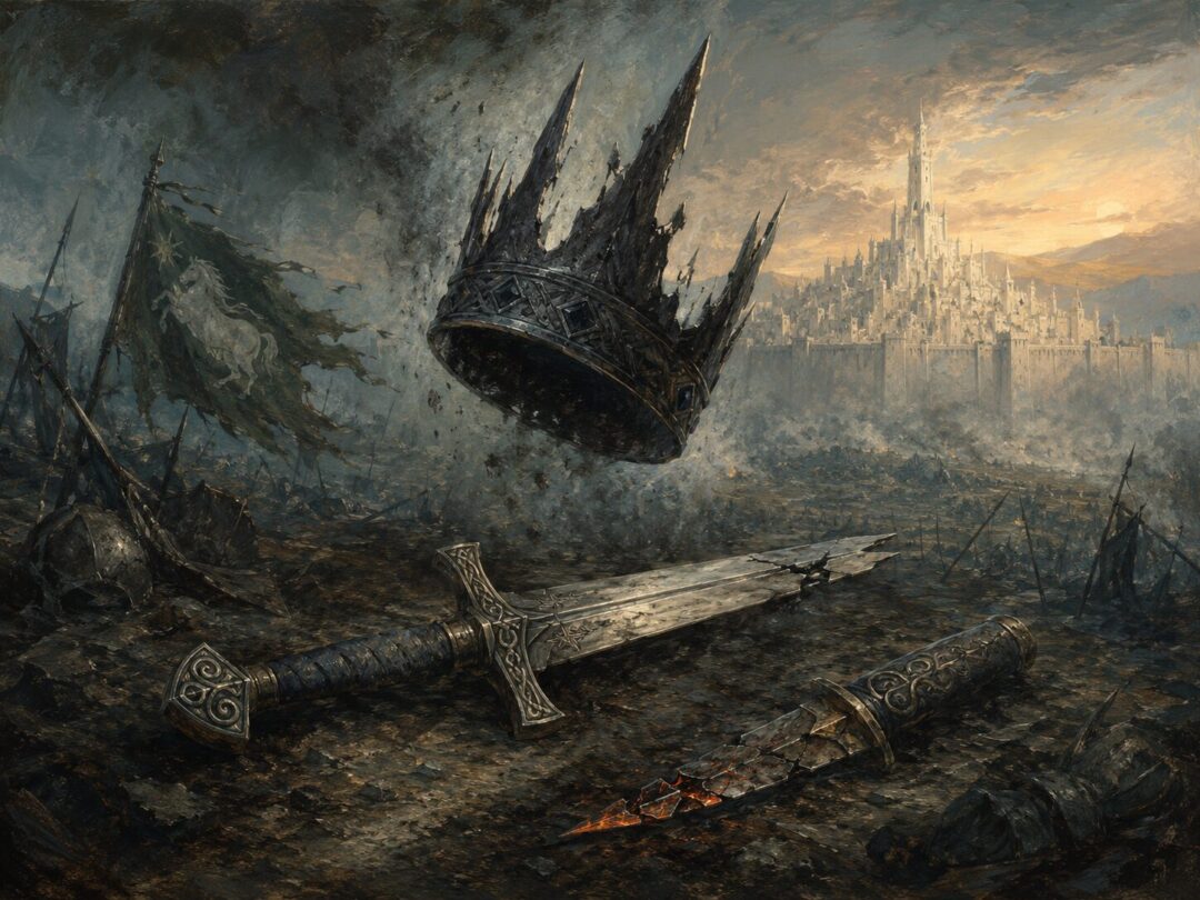 The Witch-king’s empty crown falls above Éowyn’s broken sword and Merry’s ruined blade.