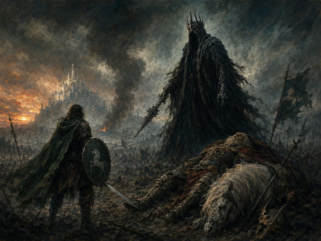 The Witch-king confronts the disguised Dernhelm beside fallen Théoden on the Pelennor Fields.