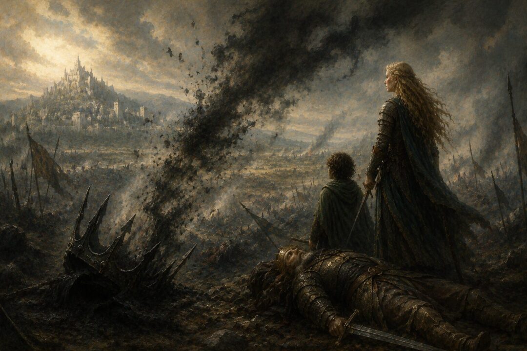 A symbolic vision of the Witch-king’s shadow dissolving after Éowyn and Merry’s victory.