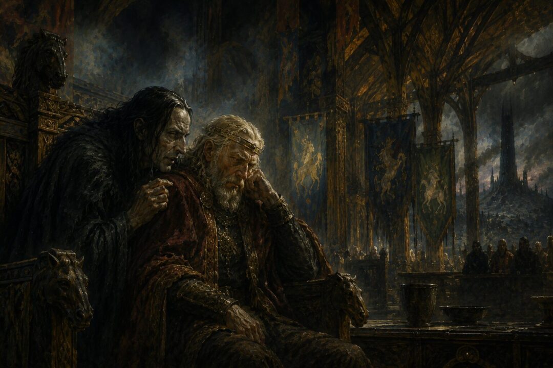 Gríma Wormtongue whispers beside Théoden in the shadowed hall of Meduseld.