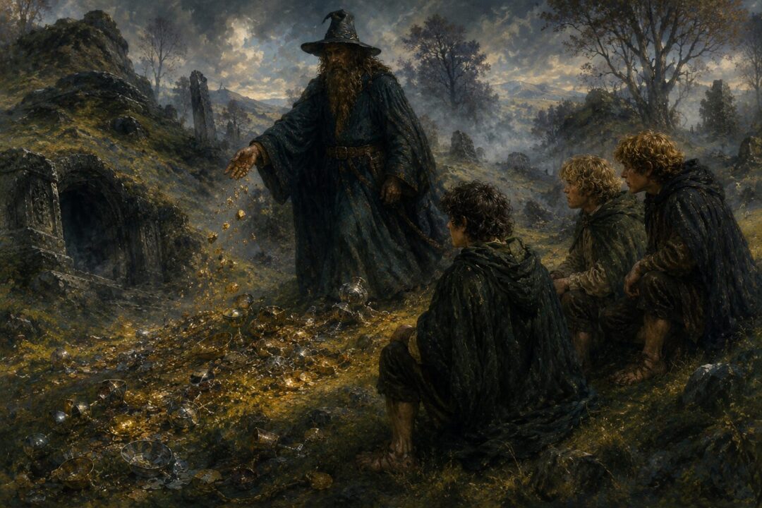 The Barrow-downs after Tom Bombadil rescues the hobbits and scatters the cursed treasure.