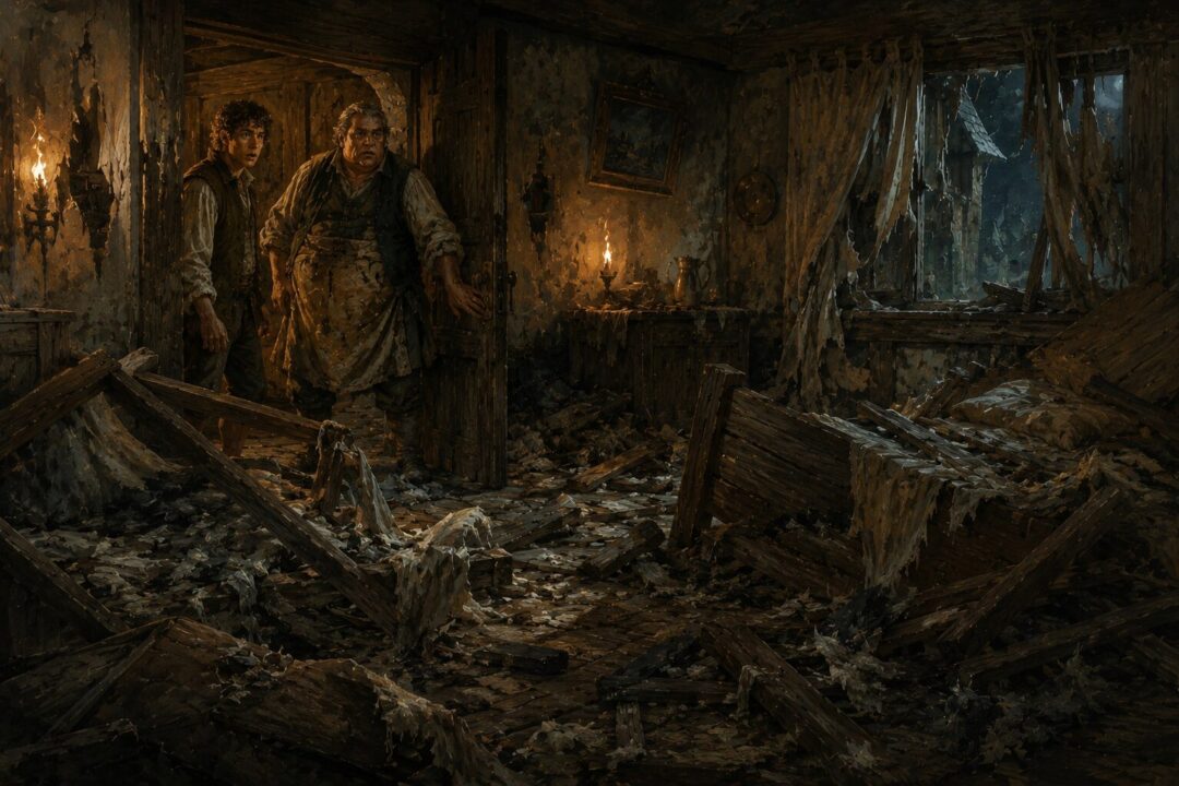 Nob and Barliman Butterbur discovering the ruined Hobbits' room after the Nazgûl attack.