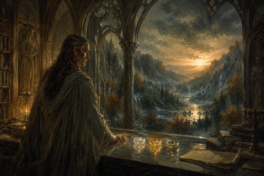 King Elessar overlooking Minas Tirith while the last Elves journey toward the Grey Havens.