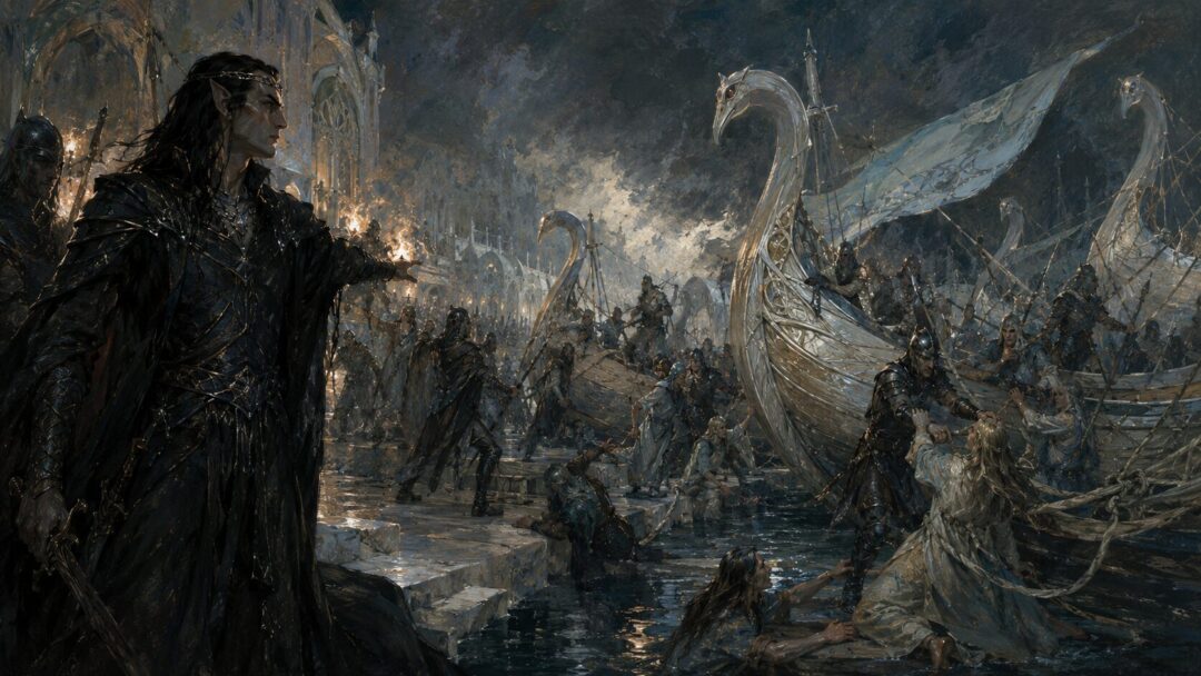 The First Kinslaying at Alqualondë as Noldor seize the treasured ships of the Teleri.