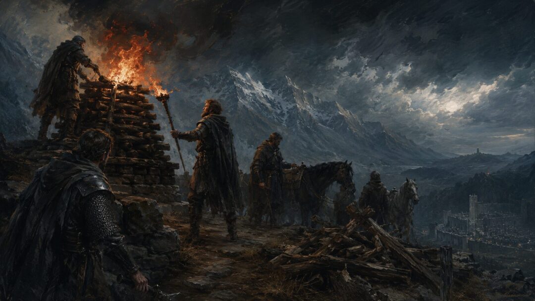 Gondorian watchmen on Amon Dîn prepare a beacon fire with horses and stacked wood nearby.