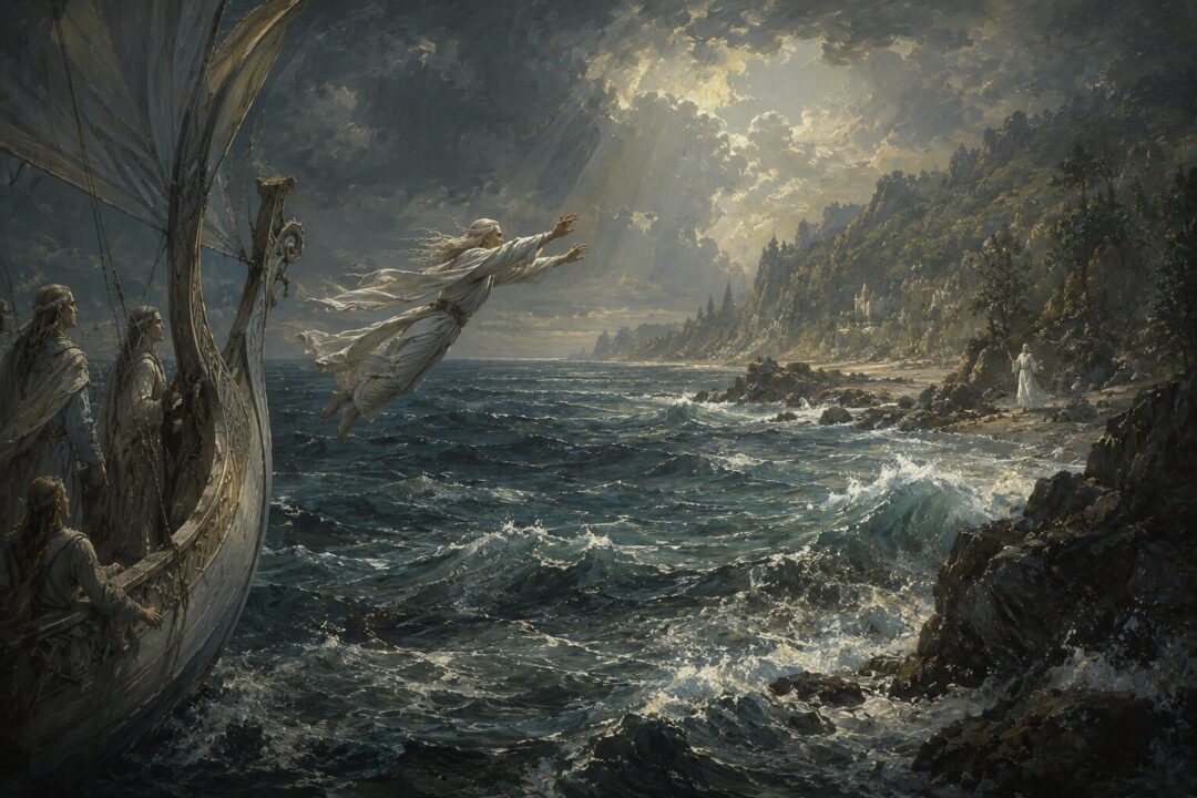 Amroth diving into the sea near Belfalas in search of Nimrodel.