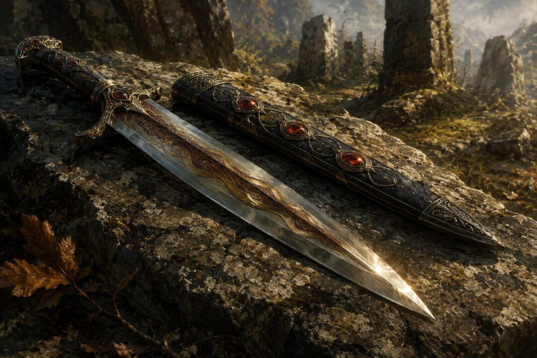 A detailed Barrow-blade forged by the Men of Westernesse resting on ancient stone.