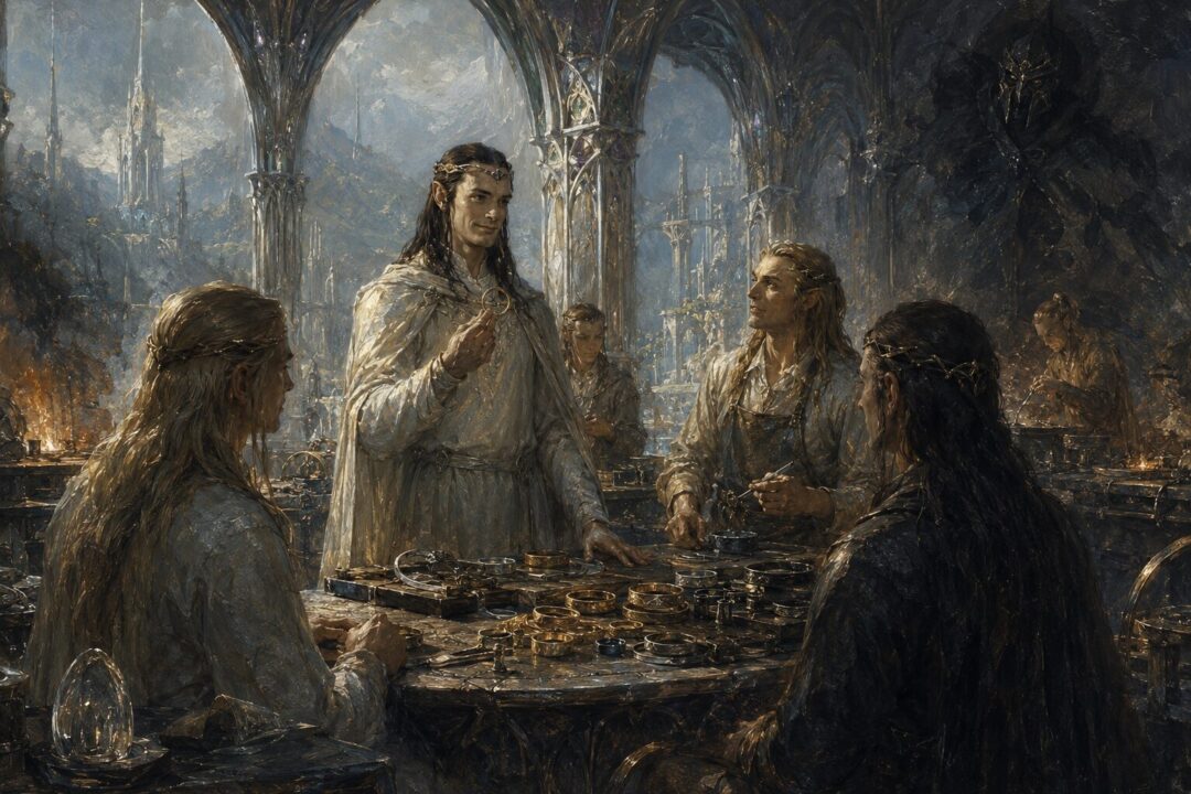 Annatar instructing the Elven-smiths of Eregion before the creation of the Rings of Power