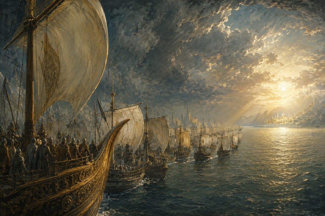 The vast fleet of Ar-Pharazôn sailing toward Aman in defiance of the Ban of the Valar.