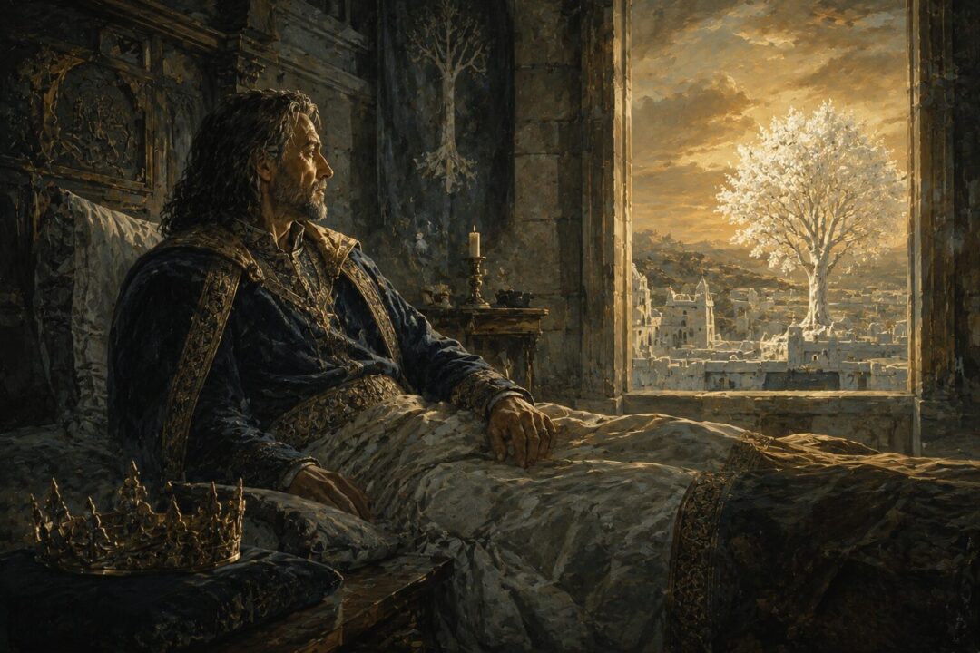 King Aragorn peacefully accepting the Gift of Men at the end of his life.