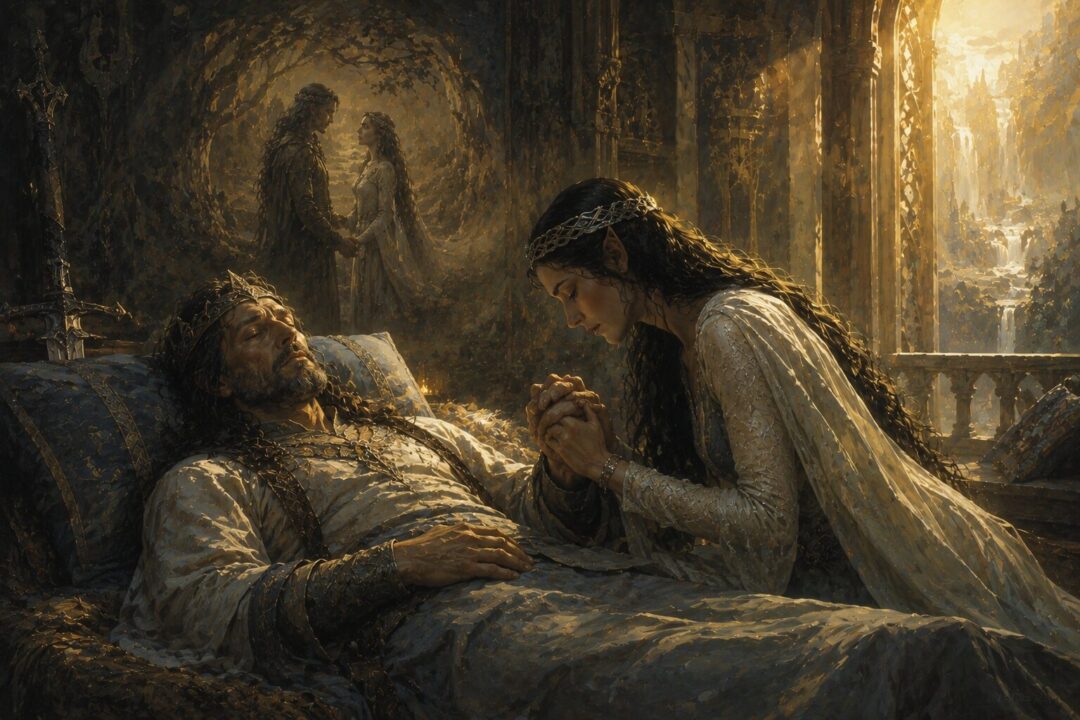 Aragorn accepts the Gift of Men while Arwen remains faithfully beside him.