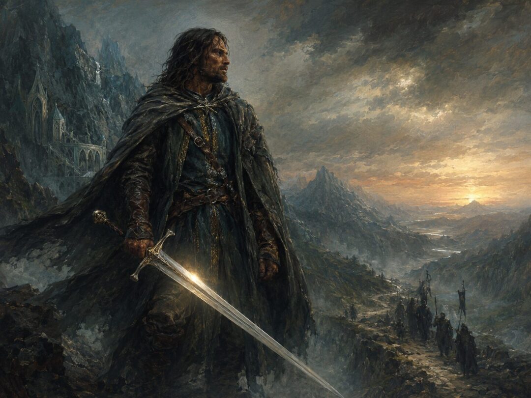 Aragorn standing at dawn with the reforged sword Andúril as a sign of restored kingship.