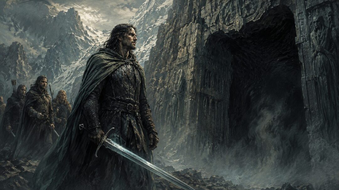 Aragorn stands before the dark entrance to the Paths of the Dead with Rangers behind him.