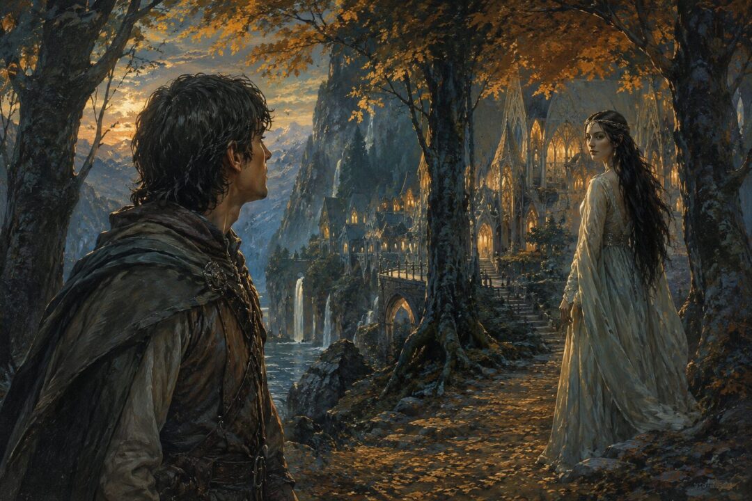 Aragorn first beholds Arwen beneath the trees of Rivendell and is reminded of Lúthien.