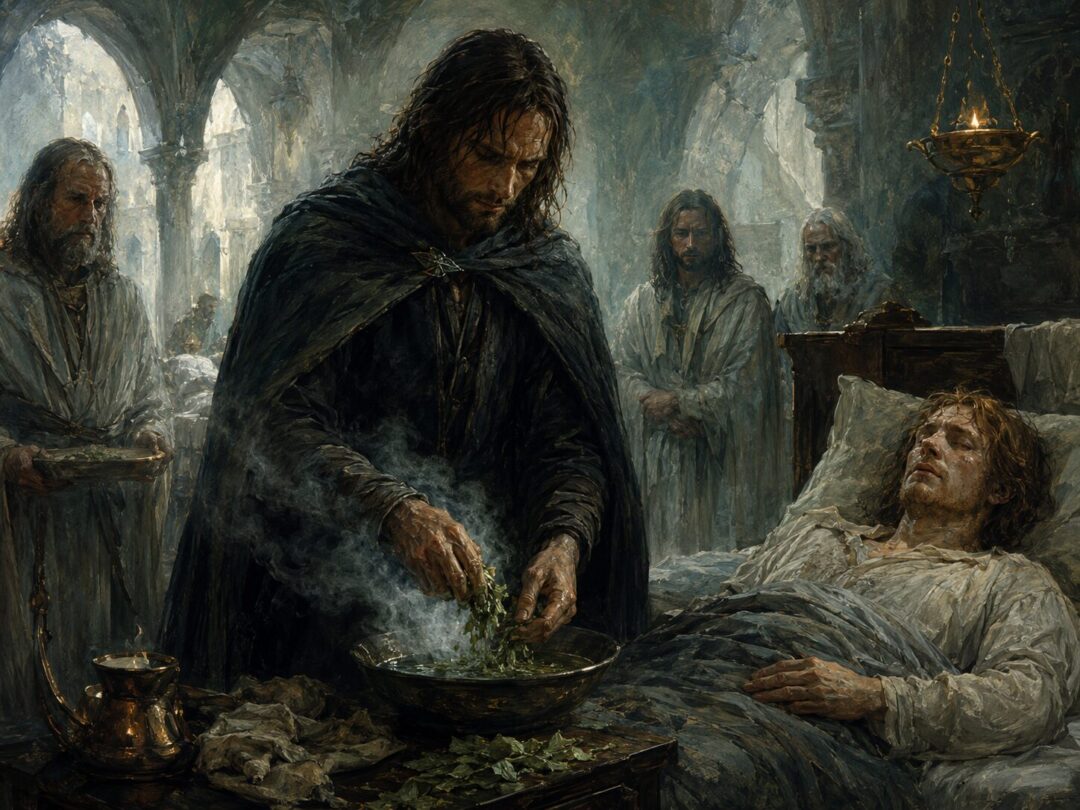 Aragorn crushing athelas in the Houses of Healing beside the fevered Faramir
