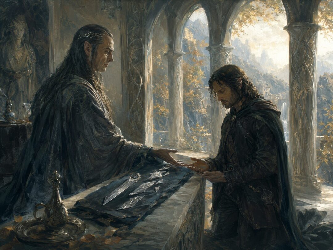 Young Aragorn receiving the shards of Narsil in Rivendell as a burden of inheritance.