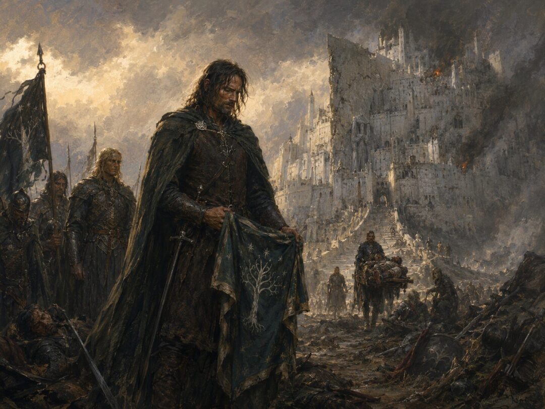 Aragorn standing outside scarred Minas Tirith with his banner furled after the Pelennor