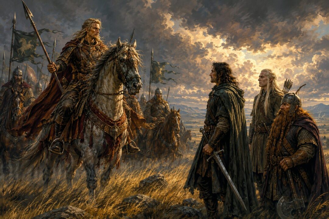 Aragorn presenting the reforged Andúril while Éomer studies him carefully.