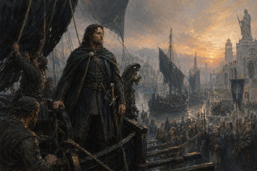Aragorn stands aboard captured black ships of Umbar at Pelargir as dawn breaks.