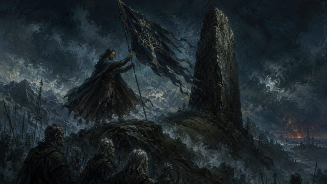 Aragorn summons the Oathbreakers at the black Stone of Erech under a dark midnight sky.