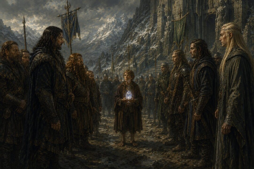Bilbo holding the Arkenstone during tense negotiations between Dwarves, Men, and Elves outside Erebor.