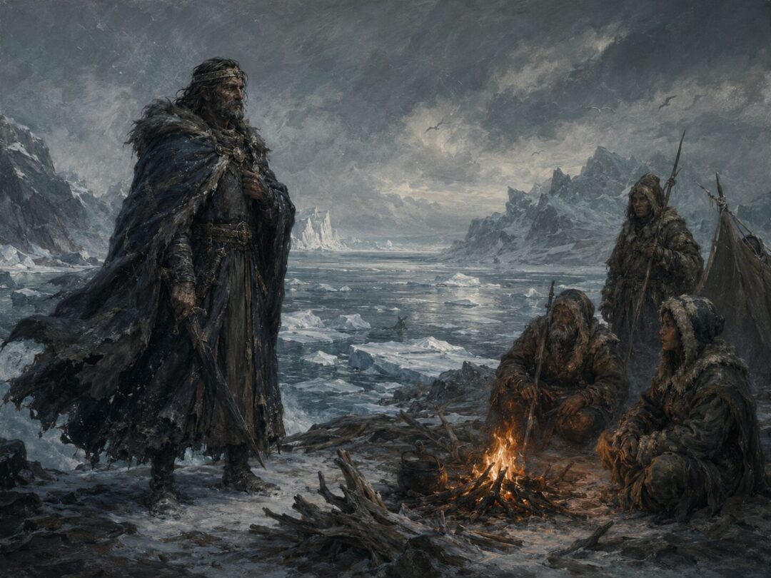 Arvedui stands beside a driftwood fire on the frozen shore of Forochel while the Lossoth watch nearby.