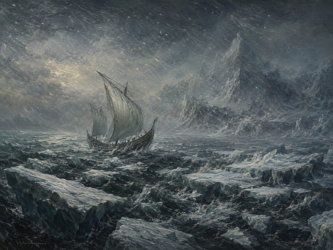 A rescue ship is driven by northern wind against the ice of Forochel in the tragedy of Arvedui.