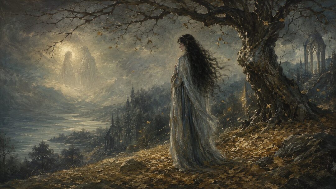 Arwen stands alone among fallen golden leaves on Cerin Amroth in fading Lothlórien.