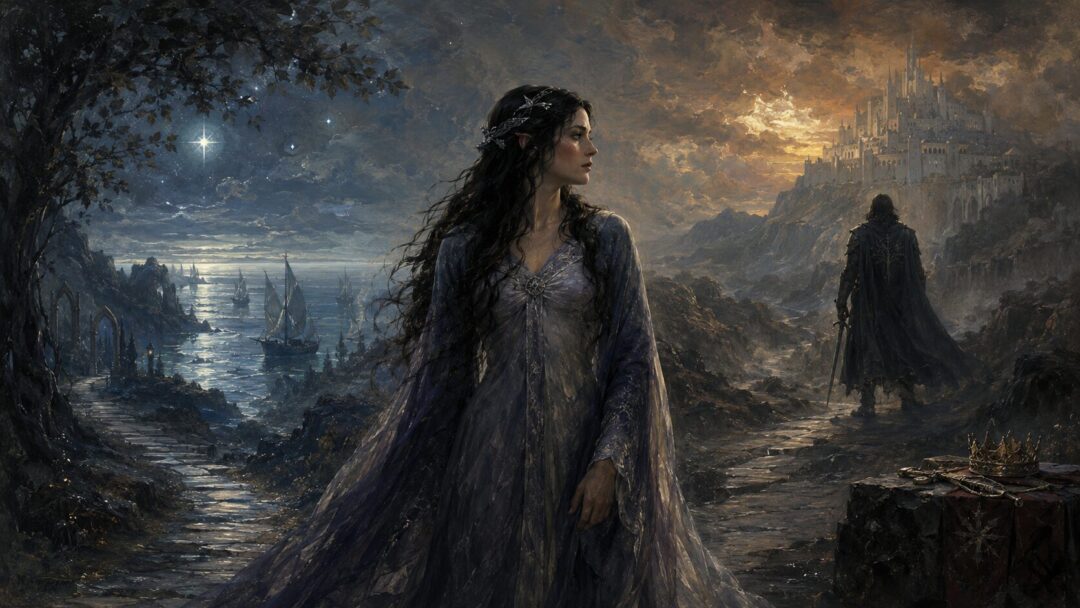 Arwen stands between the western road to the Elven ships and the mortal road toward Minas Tirith.
