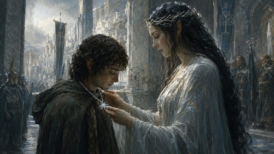 Arwen places a white gem on a silver chain around Frodo’s neck in Minas Tirith after the War of the Ring.