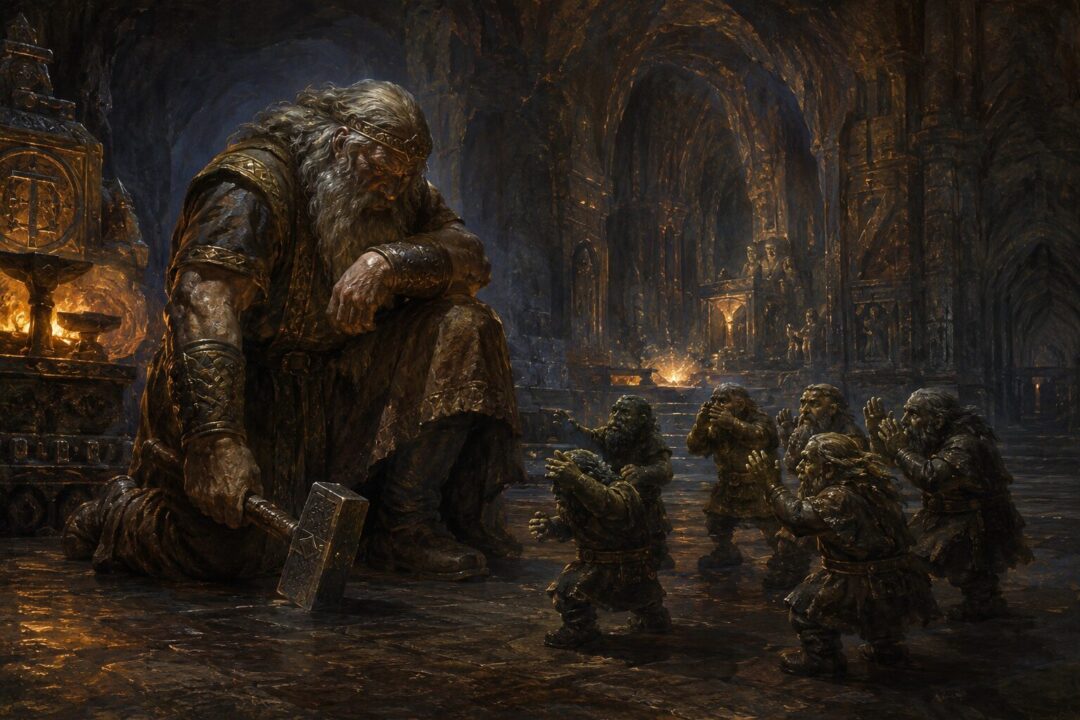 Aulë kneels in a hidden forge as the Seven Fathers of the Dwarves awaken.
