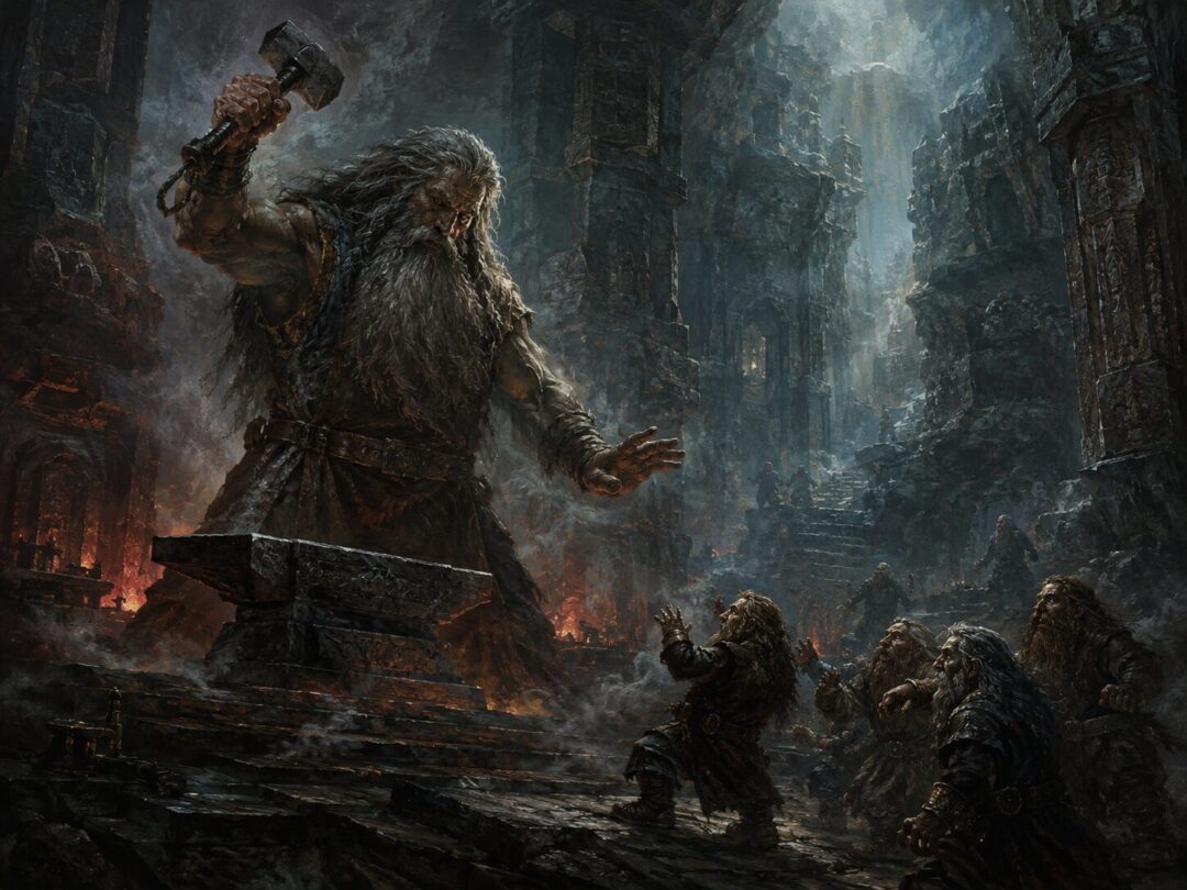 Aulë raising his hammer as the newly living Dwarves shrink back in fear.