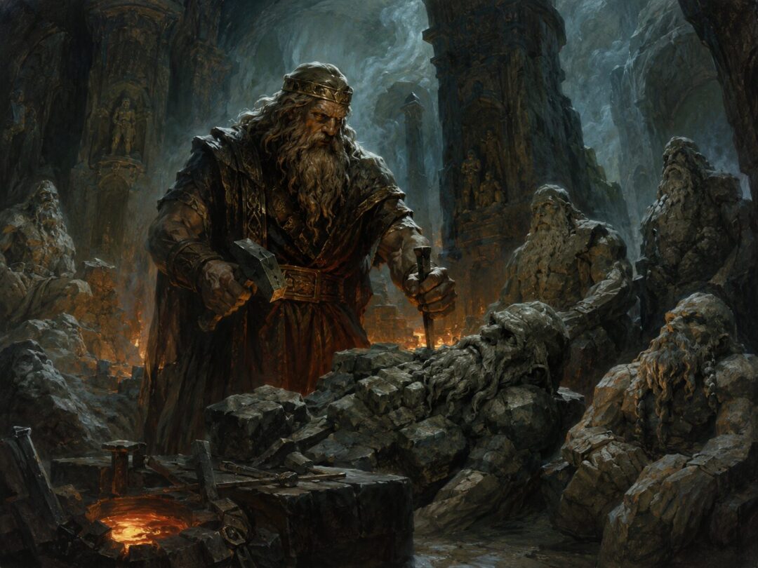 Aulë shaping the first Dwarves in a hidden stone chamber beneath a mountain.