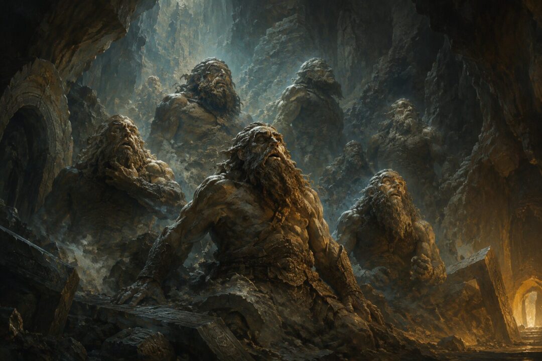 The Seven Fathers of the Dwarves awakening in a vast subterranean cavern formed of ancient stone and glowing mineral light