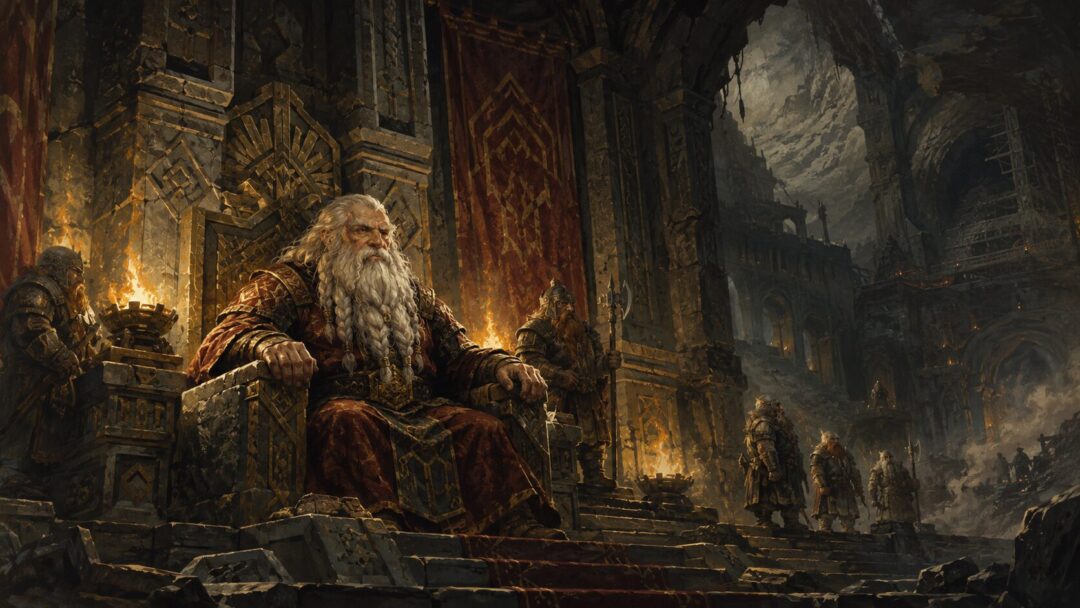 Balin seated as Lord of Moria in a reclaimed hall with encroaching darkness beyond