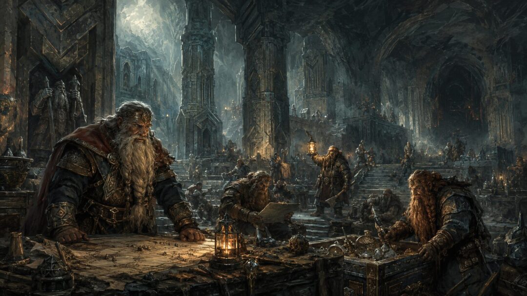 Balin’s Dwarven colony works inside a vast ruined hall of Moria before darkness closes in.