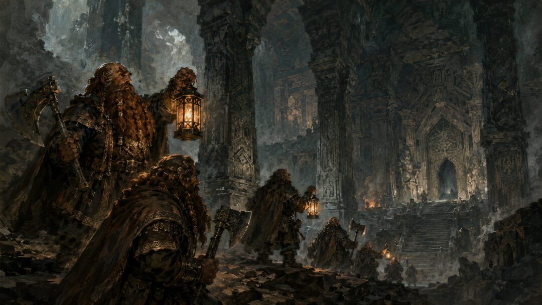 A hopeful company of Dwarves carrying lanterns and axes inside the ancient pillared halls of Moria