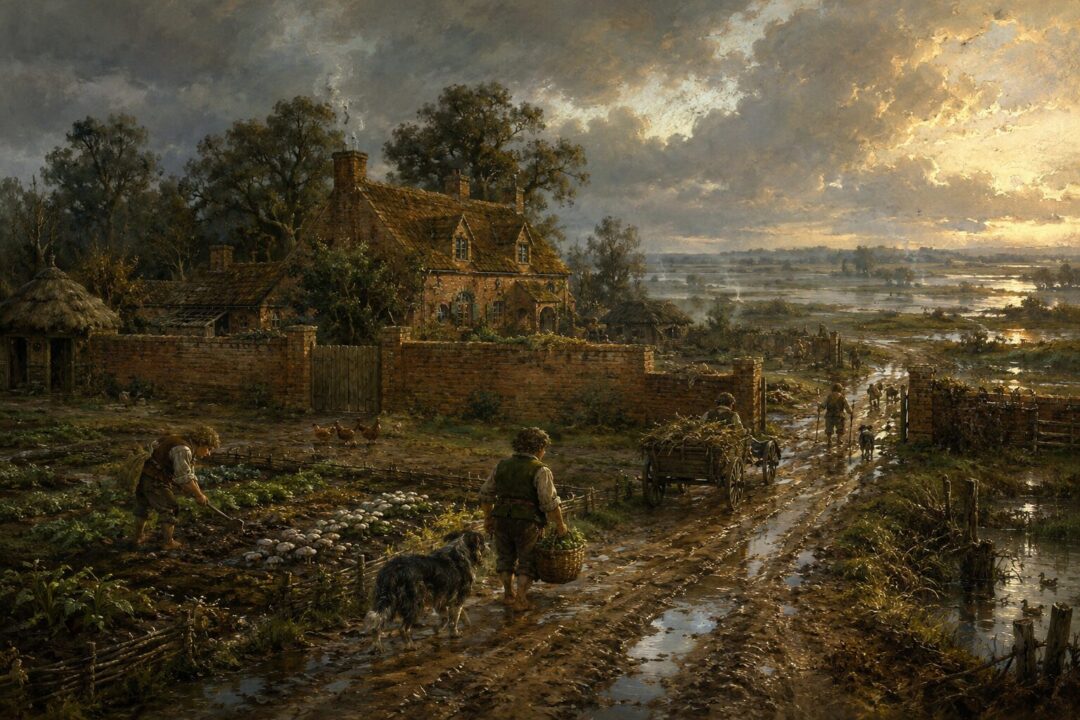 Bamfurlong in the Marish with a brick farmhouse, wet fields, hedges, ditches, dogs, and mushroom beds.