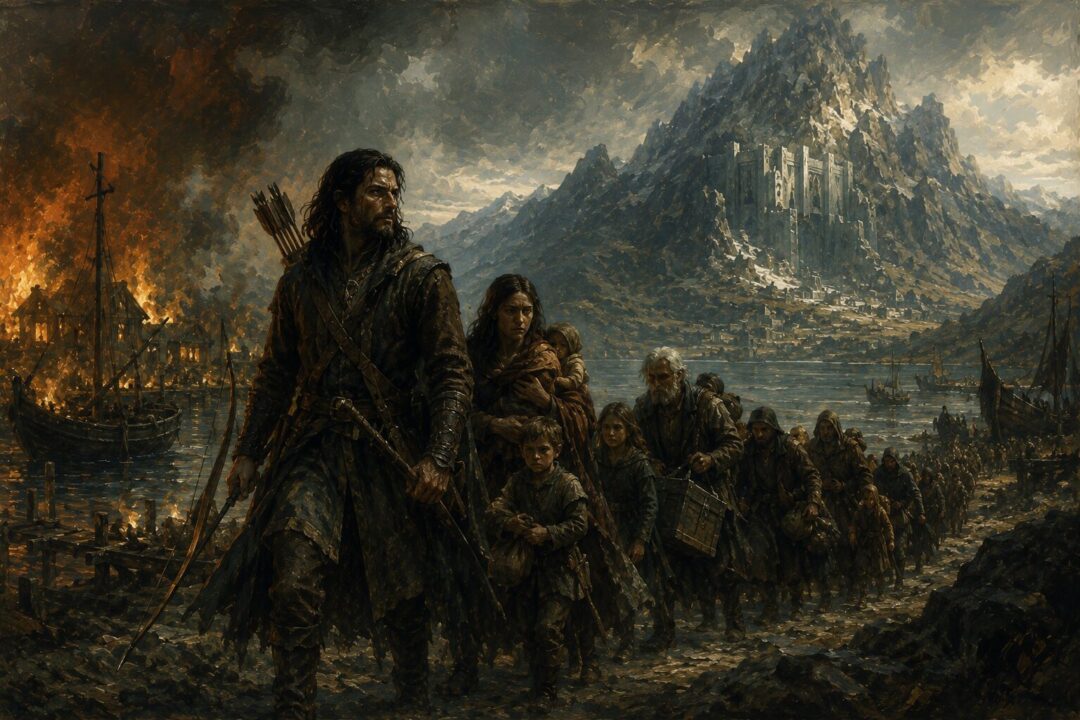 Bard guiding survivors from the destruction of Lake-town toward the Lonely Mountain.