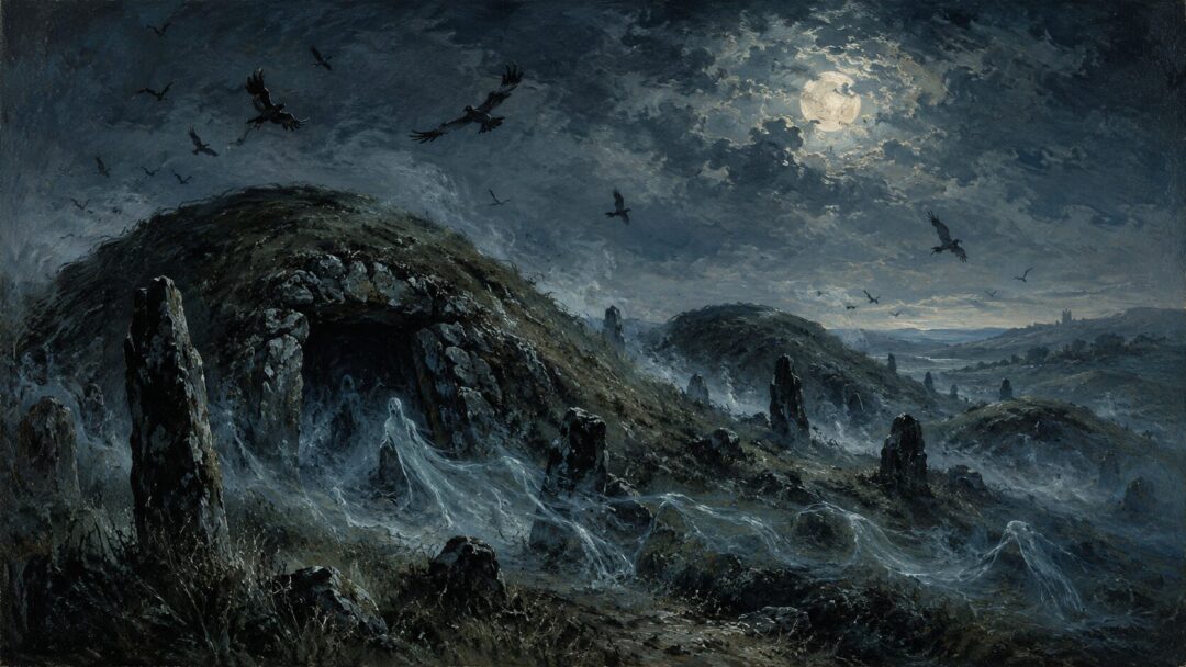 An ancient Barrow-blade glinting on dark grass as a distant wraith-like shadow suggests the Witch-king.